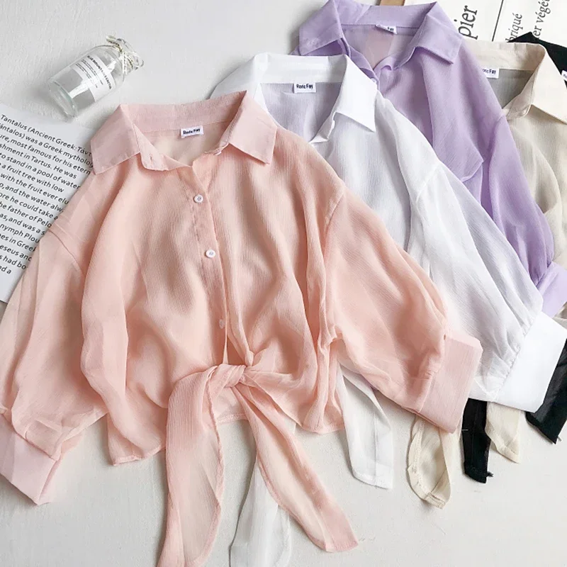 

Zik Hekiy Women Buttoned Up Shirts Women Office Lady Blouse Tied Waist Thin Chiffon Crop Tops Blouses Shirts Women 2023 Summer