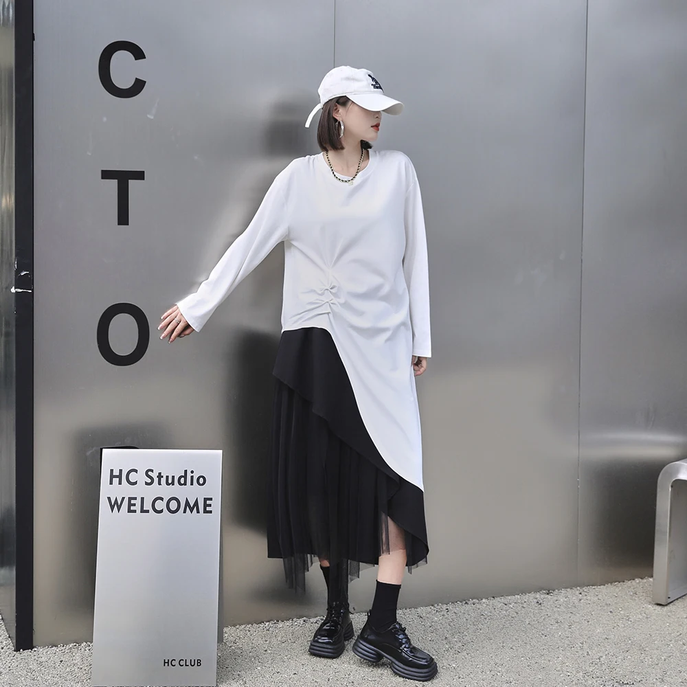 

230858 Irregular Women T-shirt Personality Fashion Solid Color Simplicity Casual Long Sleeve Pullover Top 2023 Autumn New