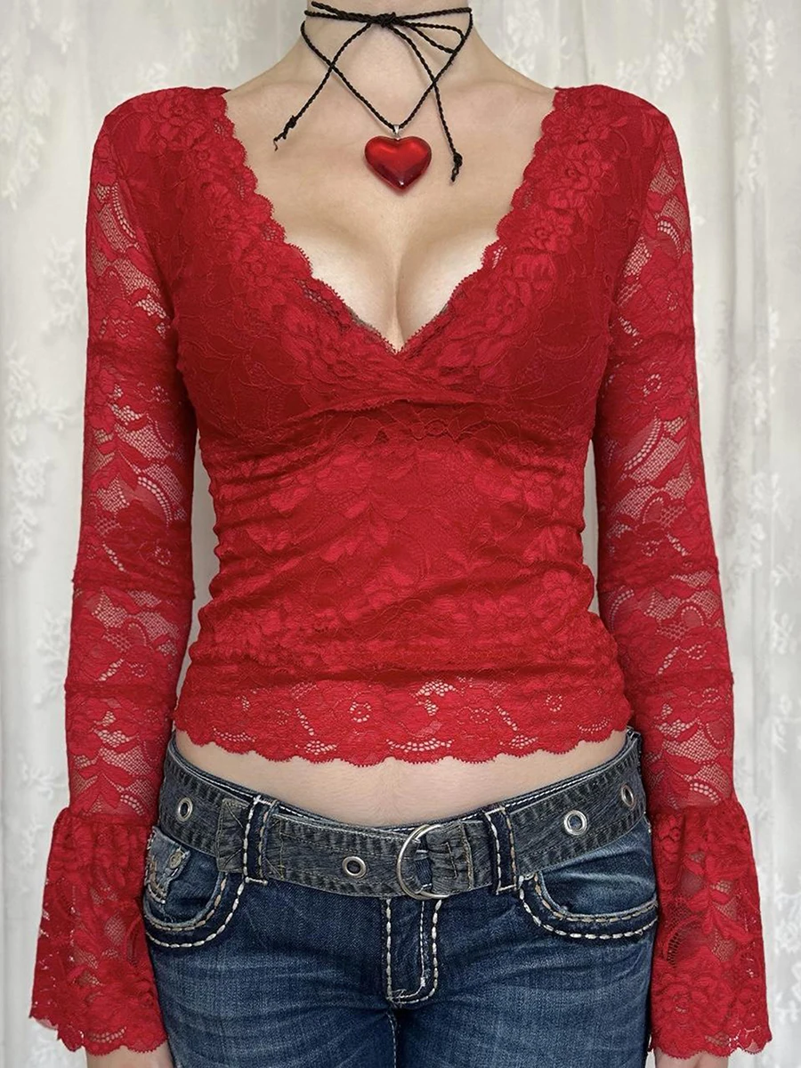 

Women Sexy and Temperament Lace Shirt Fairy Grunge V Neck Long Sleeve Slim Fit Crop Top Vintage See Through T Shirt Clothing