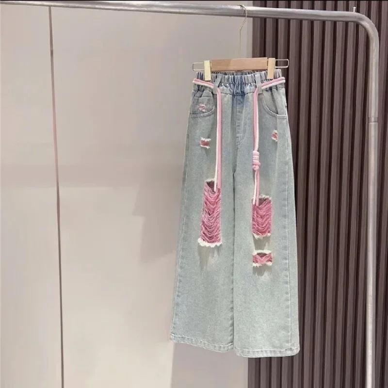 Children's 3D Graffiti Short Sleeve + Colorful Denim Ripped Pants Set Children's Suit Girls' Set kids clothing set,girls clothing set