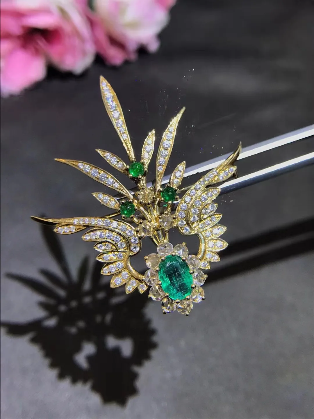 natural emerald brooch 18K gold with diamond vintage luxury jewelry fine women jewelry free shipping