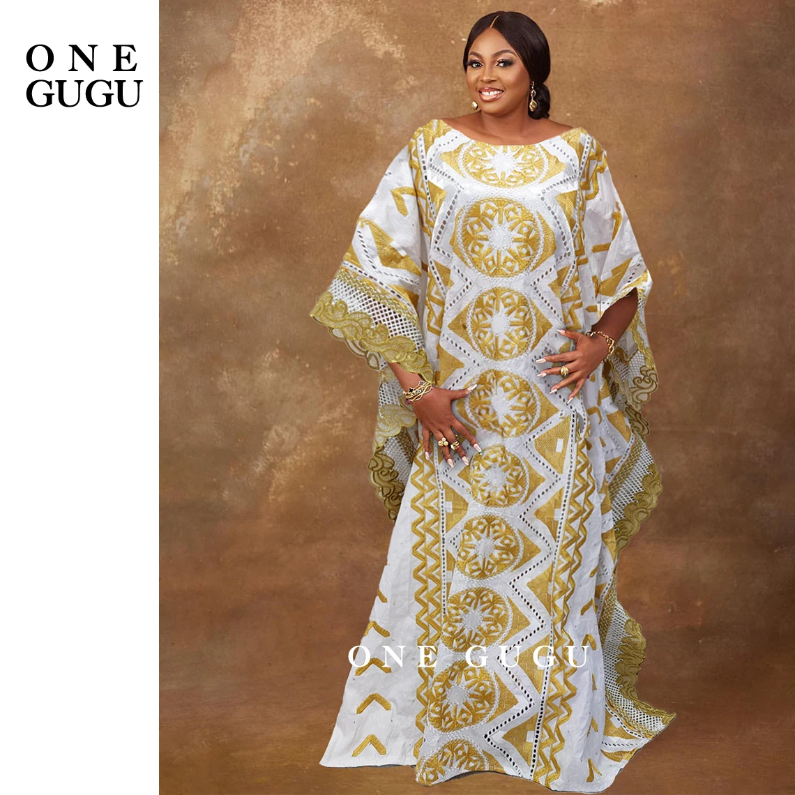 2022 Nigerian Original Bazin Dress Dashiki Gold Brocade Embroiderey Basin Clothing White Robe Wedding Party Lady Gown Dresses