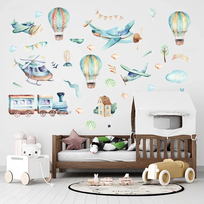 

Cartoon Airplane Train Wall Stickers Hand Painted Watercolor Hot Air Balloon Stickers for Kids Room Nursery Wall Decals Decorat