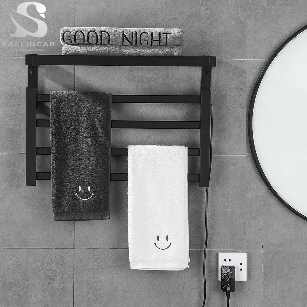 Black Electric Towel Rack Energy Saving Aluminum Towel Holder Electric