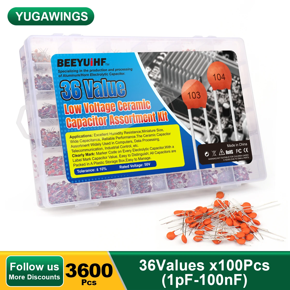 

3600Pcs Yugawings Ceramic Capacitors Kit 36Values Each 100Pcs 1pF-100nF 50V Electric Capacitors Pack Assortment Kit