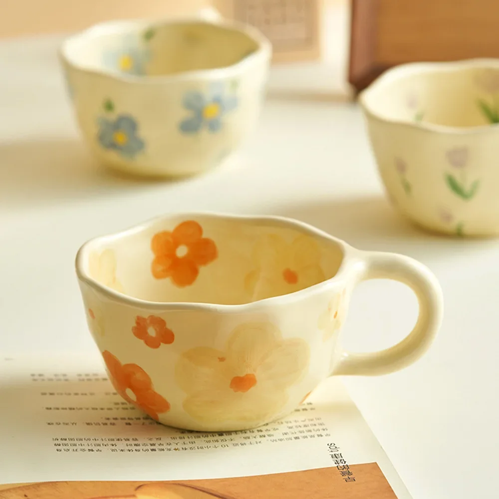 

Ins Korean Style Ceramic Mugs, Coffee Cups, Oatmeal Breakfast Mug,Hand Pinched, Irregular Flower Milk Tea Cup, Kitchen Drinkware