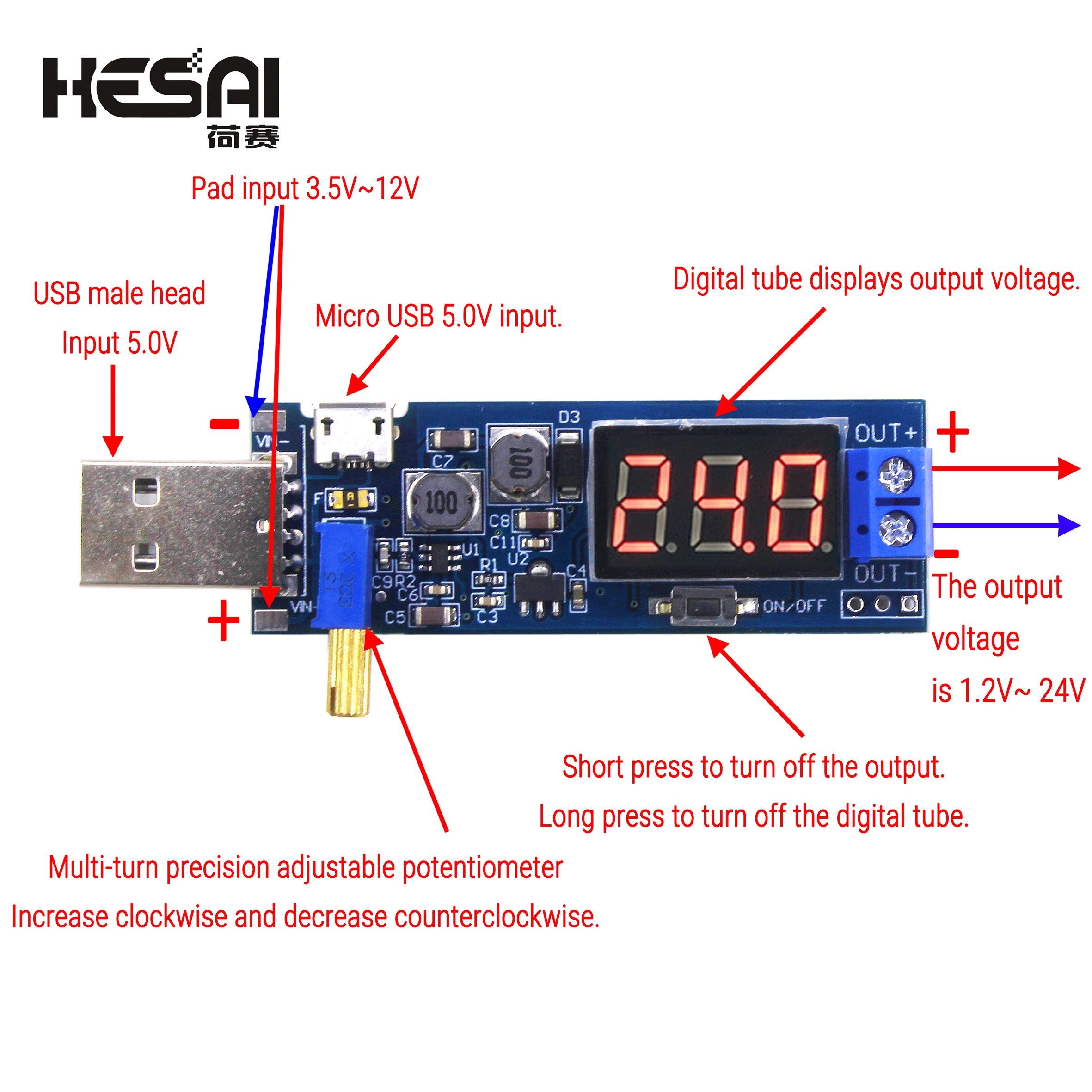  2PCS USB Step UP / Down Power Supply Module, Adjustable DC-DC  5V to 3.5V / 12V Boost Buck Converter Out DC 1.2V-24V : Electronics