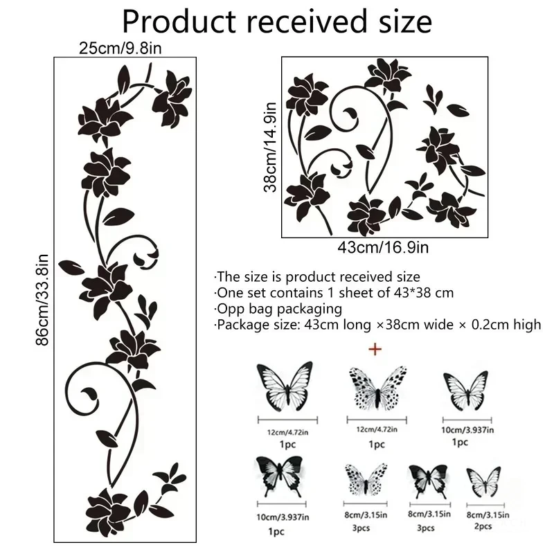 Schwarze Blumenrebe 3D Schmetterling Wandaufkleber Hintergrund Wand Schlafzimmer Raumdekoration Abnehmbarer Wandaufkleber – Detail 3