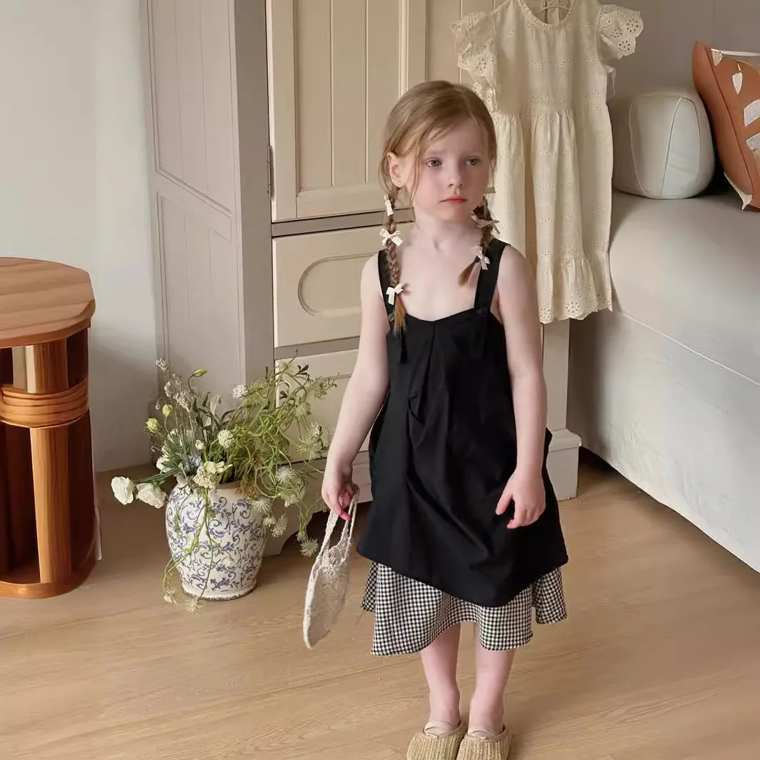 

Children Clothing Girls Dress Korea Style Plaid Slip Dress 2024 Summer New Fashionable Loose Casual Princess Sweet Dress