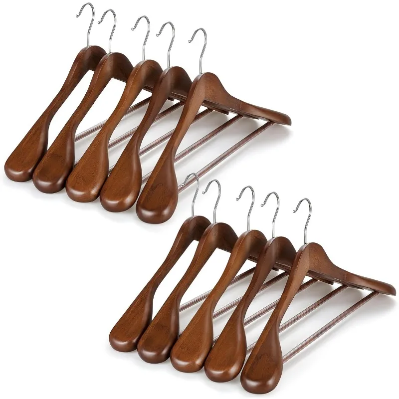 Wide Shoulder Wooden Hangers, Suit Hangers with Non Slip Pants Bar & 360° Swivel Hook, Solid Wood Heavy Duty Coat Hanger