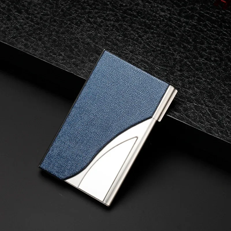 Luxury PU Leather Men's Business Card Holder Stainless Steel Aluminum Metal Box Lid Credit Card Holder 5