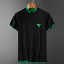  High end luxury white green stitching knitted T-shirt men's Casual Short Sleeve summer Korean fashion embroidery round neck top 