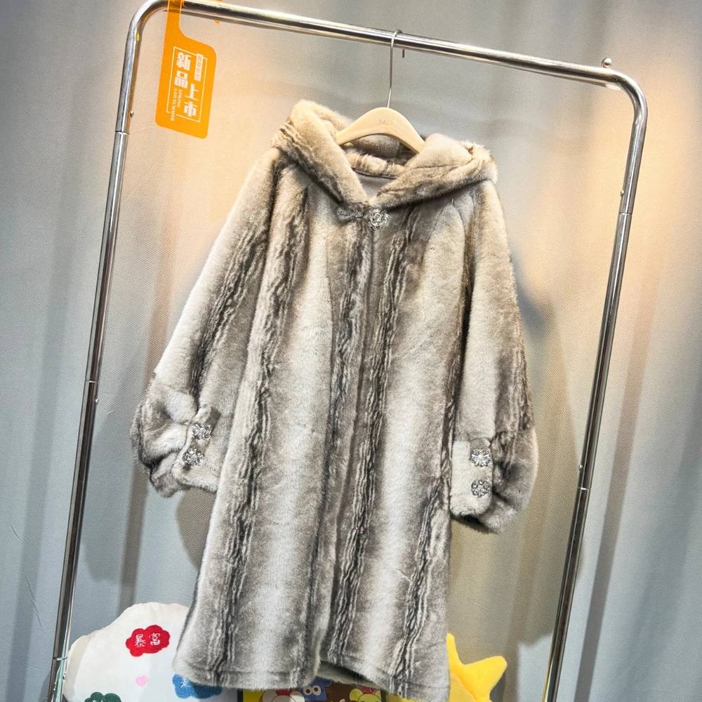 2023 New European Mink Composite One-Piece Coat Jacket Women's Mid-Length Fashion Stylish Mink Leather Faux Fur Outwear Hooded