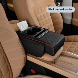 Deluxe Auto Armrest Cushion with Dual Cup Holders and Heightening Pad (Black and Red)