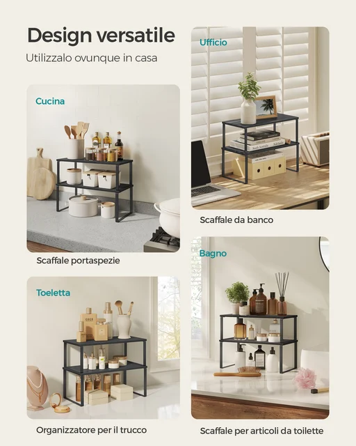 SONGMICS Set di 2 portaspezie espandibili per armadio, organizer da cucina impilabili, metallo/legno, nero inchiostro/nero ebano 4