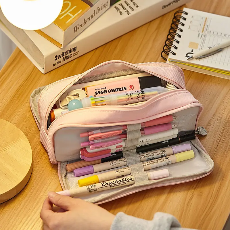 Cute Pencil Case Canvas for Girls Macaron Pencil Box Multilayer School Pouch Kawaii Pensil Case Pen Bag Storage Stationery