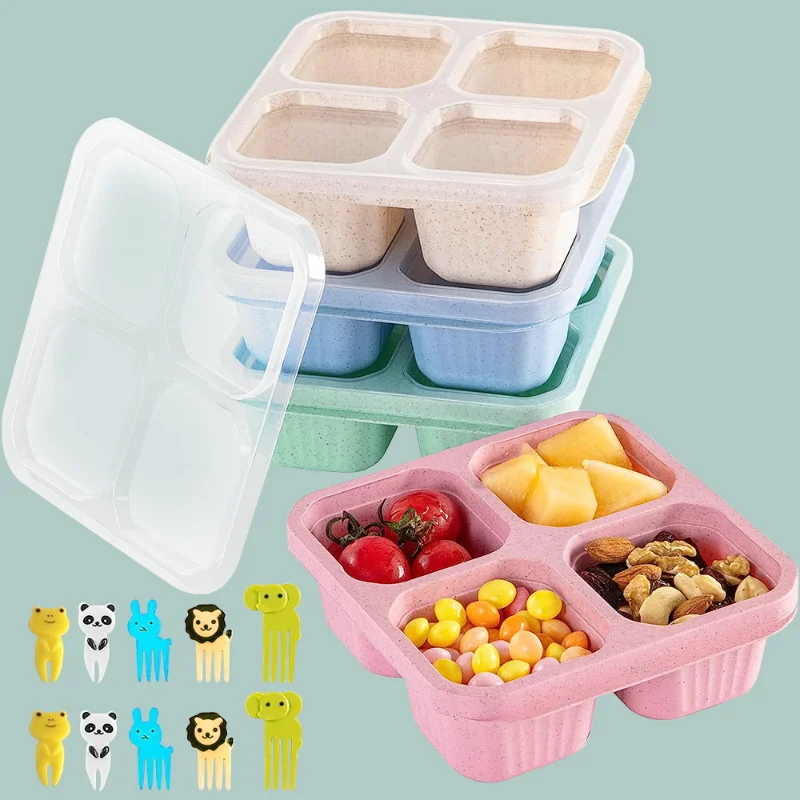 Wheat Food Box Four Compartments Transparent Lid Snack Tray Dried Fruit Box  Around The Stove Cooking Tea Snack Box Storage - AliExpress