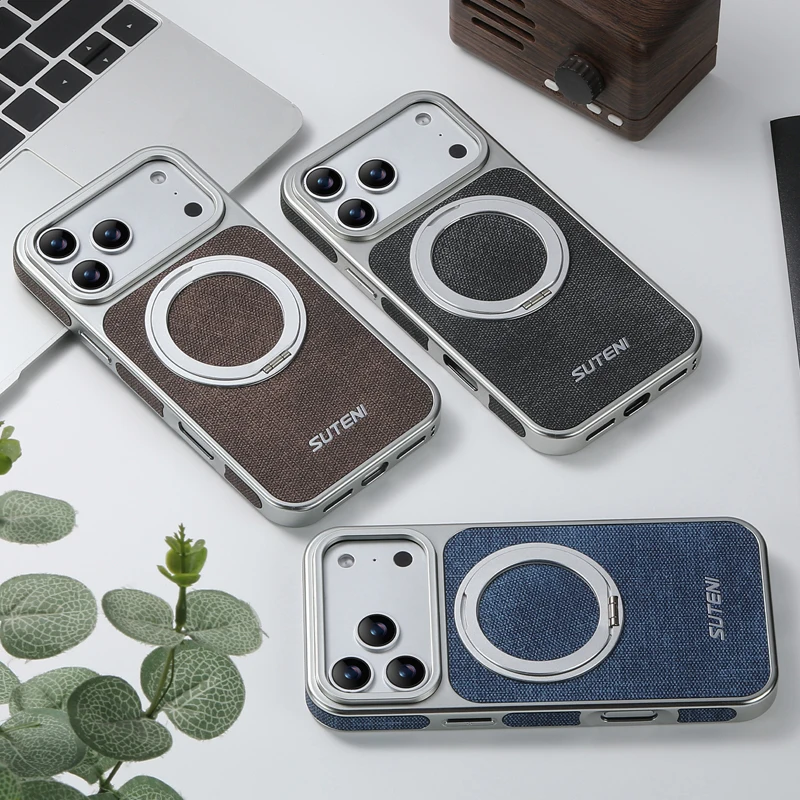 Fashion Magnetic Denim Pattern PU Leather Phone Case with 360° Rotating Ring Bracket