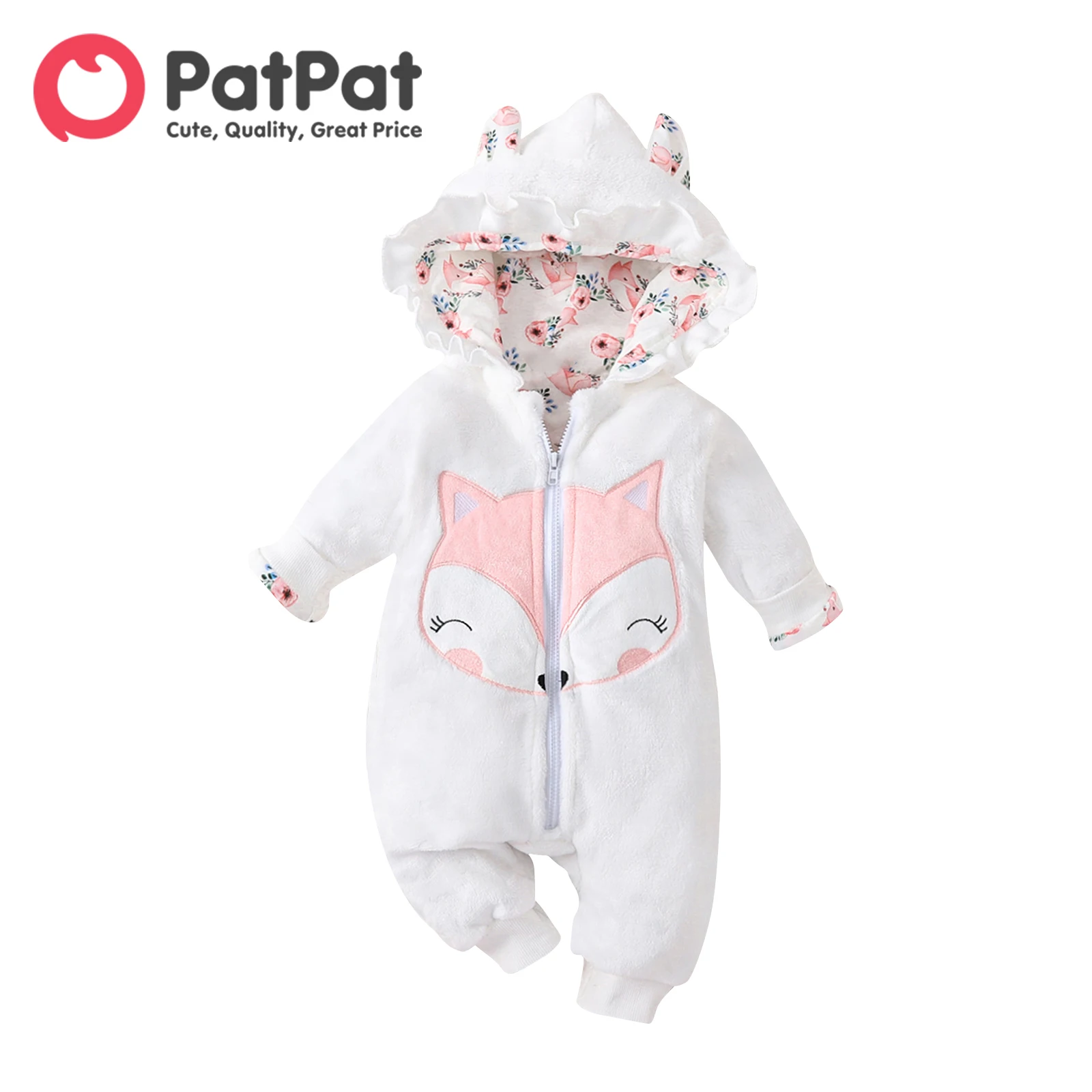 

PatPat Baby Girl Fox Embroidered 3D Ears Hooded Long-sleeve Thermal Fuzzy Jumpsuit