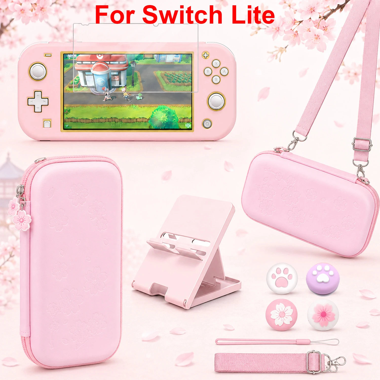 Sakura Pink 8-in-1 Console Accessories Kit with Carry Pouch and Screen Protector