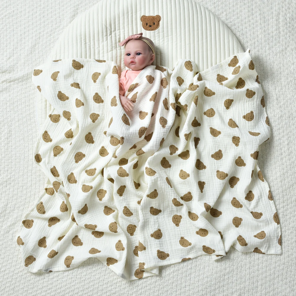 2 Layers Baby Blankets Bear Print Cotton Gauze Muslin Swaddle Wrap Newborn Infant Girls Boys Bedding Sleeping Blanket Accessory