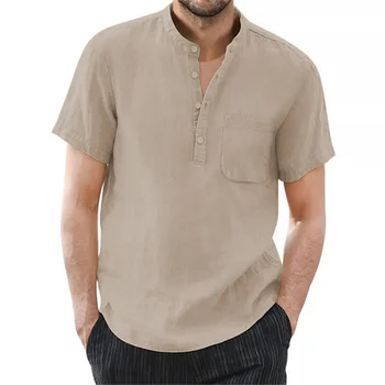 T-shirt da uomo a maniche corte in cotone e lino T-shirt da uomo casual Tinta unita Camicia estiva Maschile accogliente e traspirante
