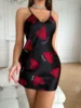 Print Satin Slip Nightdress V Neck Backless Mini Sleep Dress Women Sleepwear Dresses Nightgown Cosplay Sexy Pajama