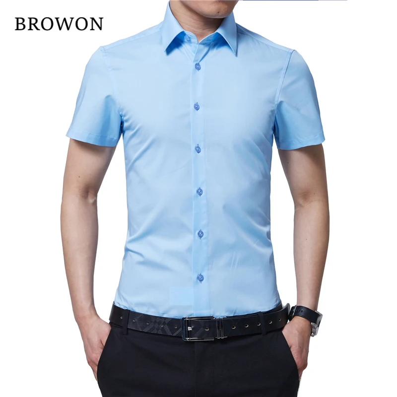 BROWON Formal Shirt Men Short Sleeve Turn Down Color Slim Fit Plus Size M-5XL