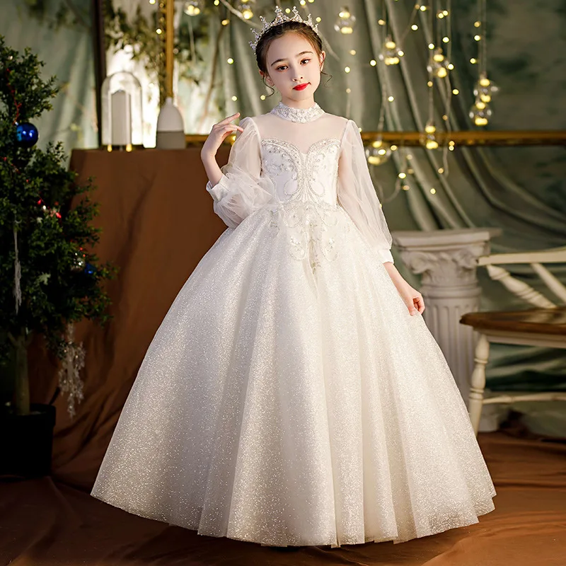 

High-end Flower girl wedding Party dress Sequins Lace Three Quarter Baby Princess dress Children Pageant ball gown Girls Dress