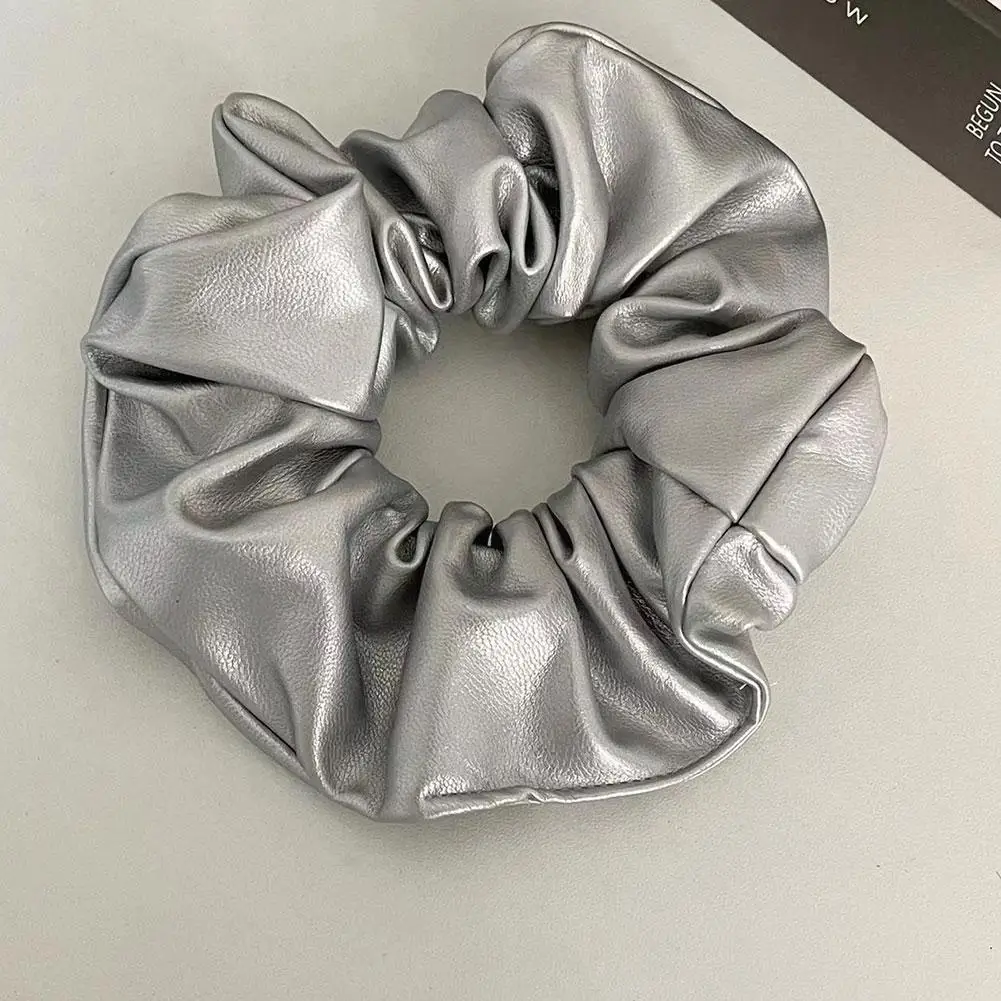 

Fashion Silver Color PU Leather Scrunchies Headwear Hair 2023 Band Ponytail Female Punk Large Accessories Intestine Hair T3P0
