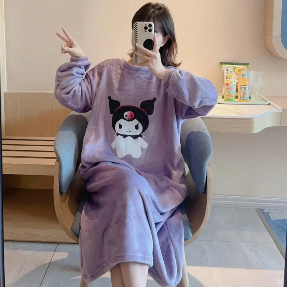 Cartoon Sanrioed Kuromi Plush Nightdress for Women Kawaii Anime Home Clothes Spring Winter Thicken Long Style Pajamas Sweet Girl