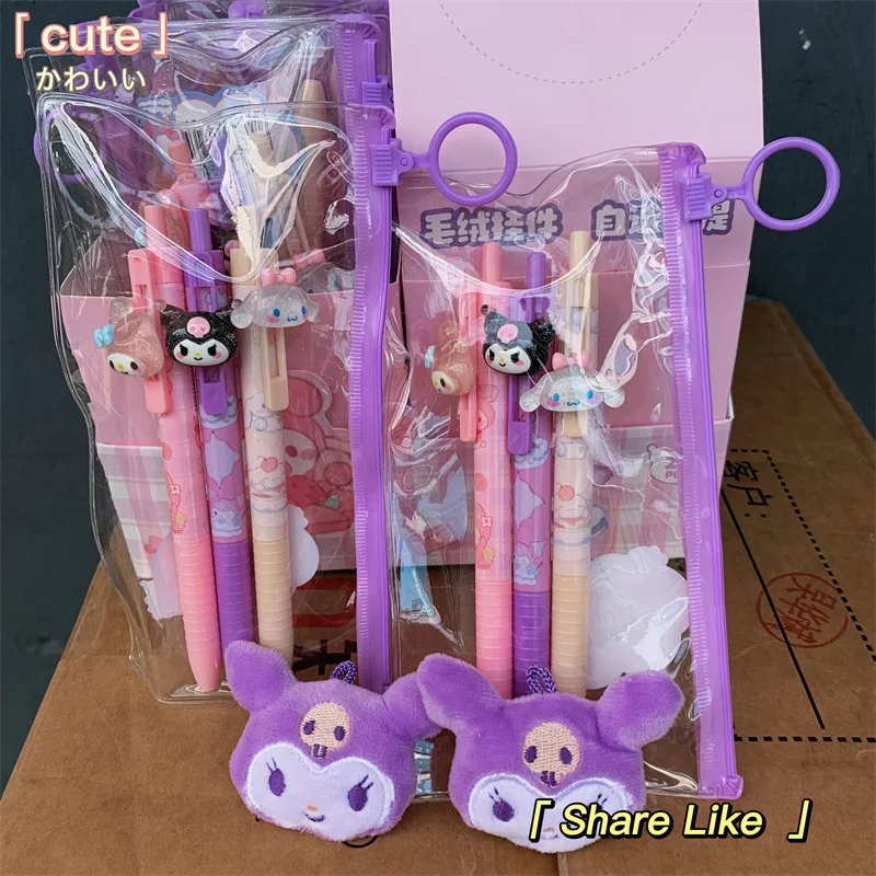 

60pcs Sanrio Kuromi Zipper Bag With Plush Pendant Resin Patch Neutral Pen Black Pen Water Pen Signature Pen Stationery Wholesa