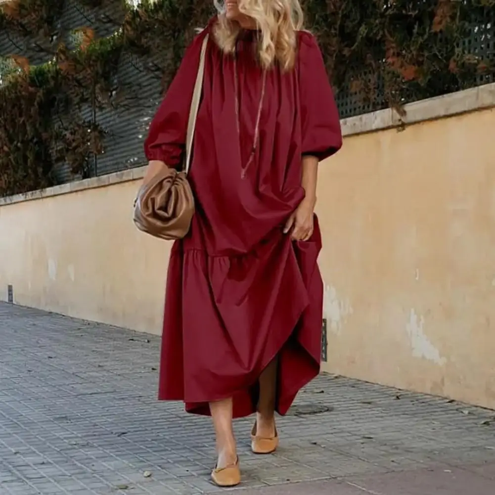 

A-line Hem Dress Women's Casual Spring Midi Dress with Off Shoulder Lantern Sleeve Loose Fit Pullover Solid Color A-line Pleated