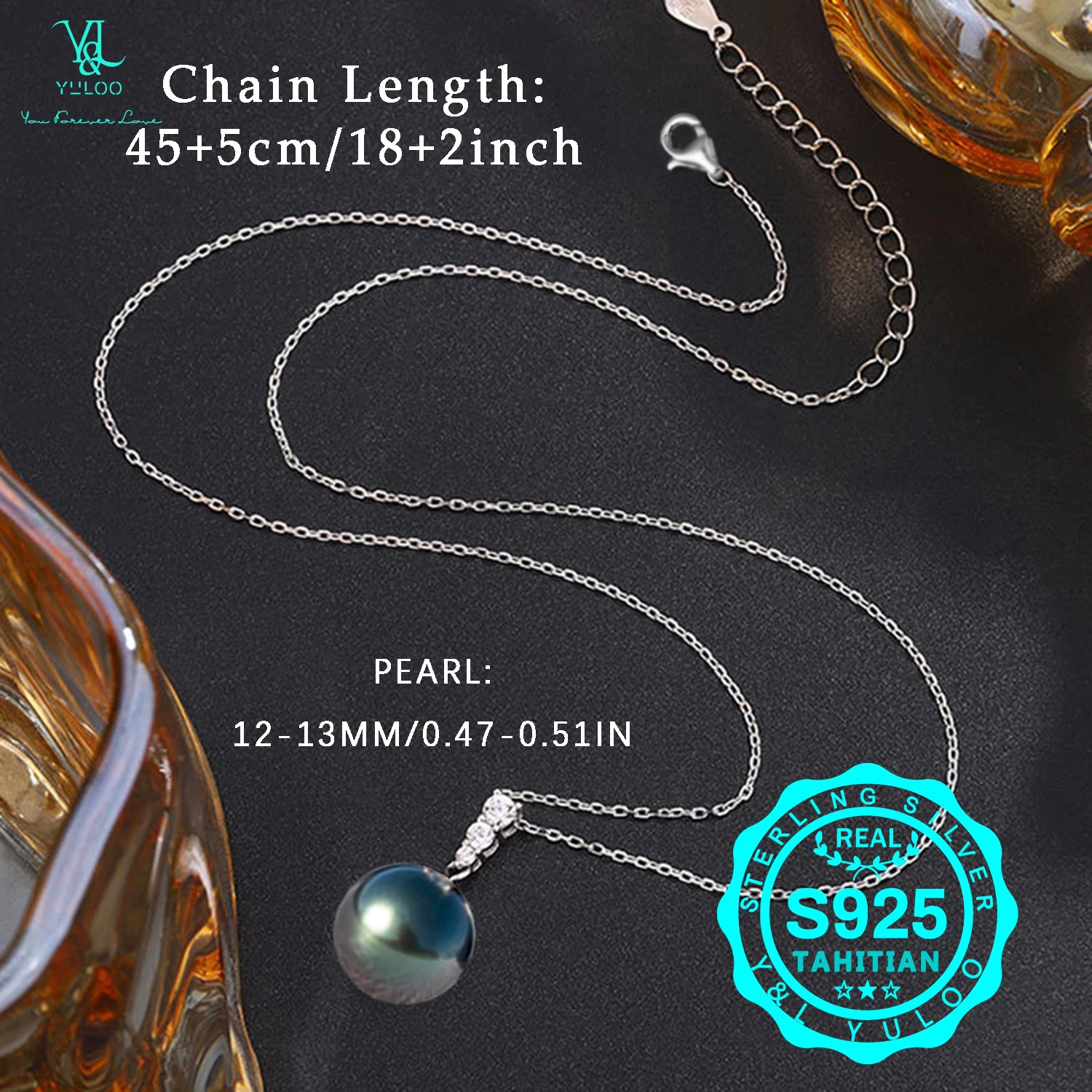 Genuine Tahitian Seawater Round Black Pearls 12-13MM Pendant Necklace-925 Sterling Silver 18+2 Inch