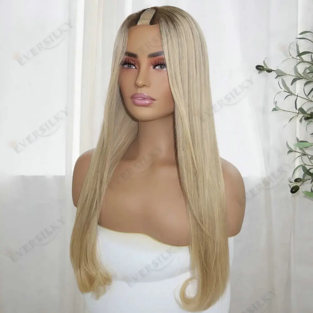 머신메이드 내추럴 스트레이트 블론드 옴브레 인모 1X4 V파트 가발, 어두운 블론드 뿌리, 글루리스 U파트 가발, 클립으로 조절 가능
