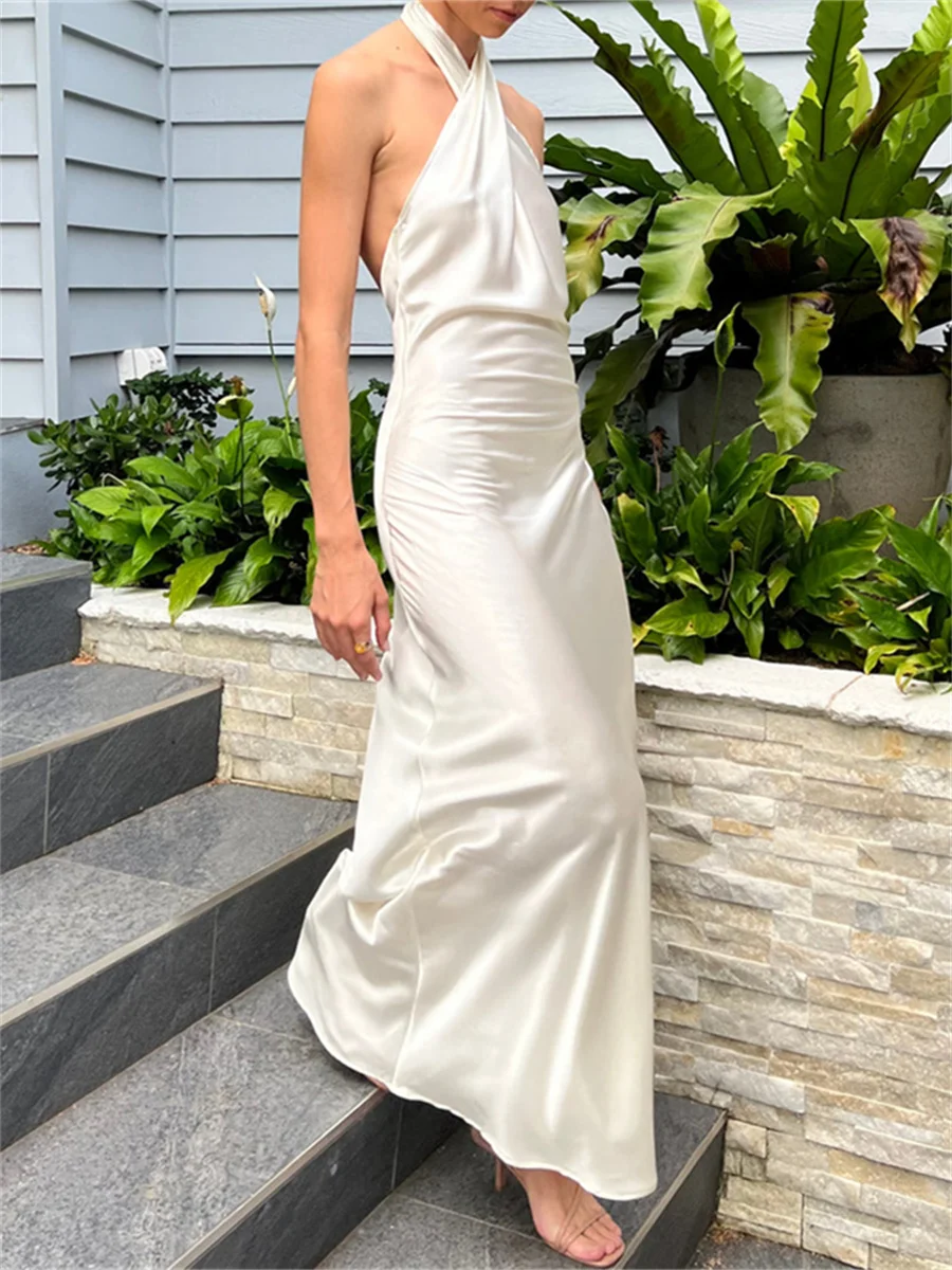 우아한 크로스 홀터넥 새틴 롱 드레스, 파티 이브닝 가운, 여성 민소매 백리스 여름 드레스