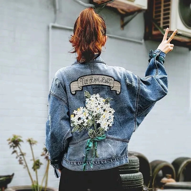 

2021 Spring New Bead Print Short Coat Female BF Loose Denim Jacket Tops Femme Jeans Jacket Female Blouses Outwear Autumn