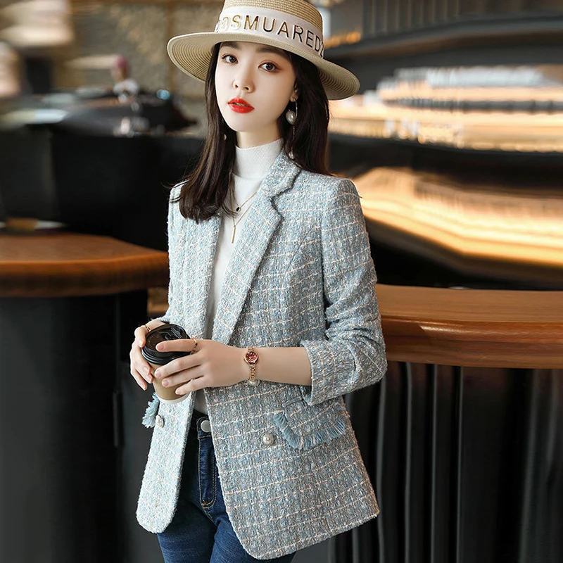 

Tassel Tweed Blazer Women Plus Size Loose Elegant Plaid Coat Fall Pearl Double Breasted Outerwear Office Lady Casual Suit Jacket