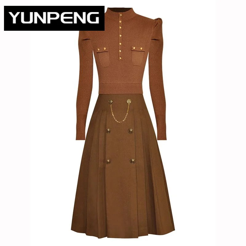

Dresses For Women 2023 Elegant High Quality Luxury Designer Autumn Stand Collar Puff Sleeve Patchwork Gold Button knitted dress