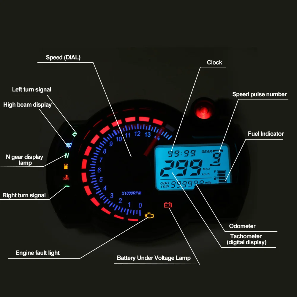 

Universal 7 Colors Speedometer LCD Digital Motorcycle Odometer Meter MAX 299KM/H Motorbike Moto Dashboard Refit