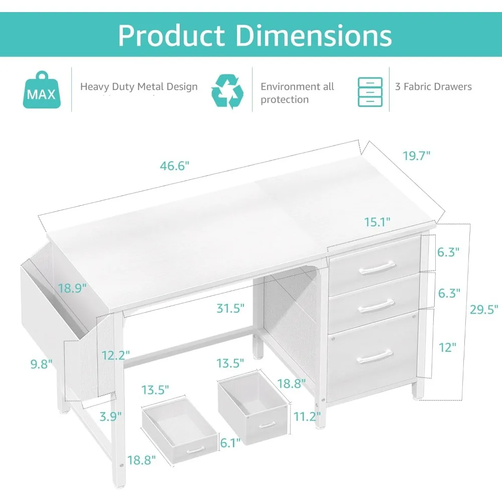 White Computer Desk with Fabric File Drawers Cabinet, 47 Inch Computers Desks 3