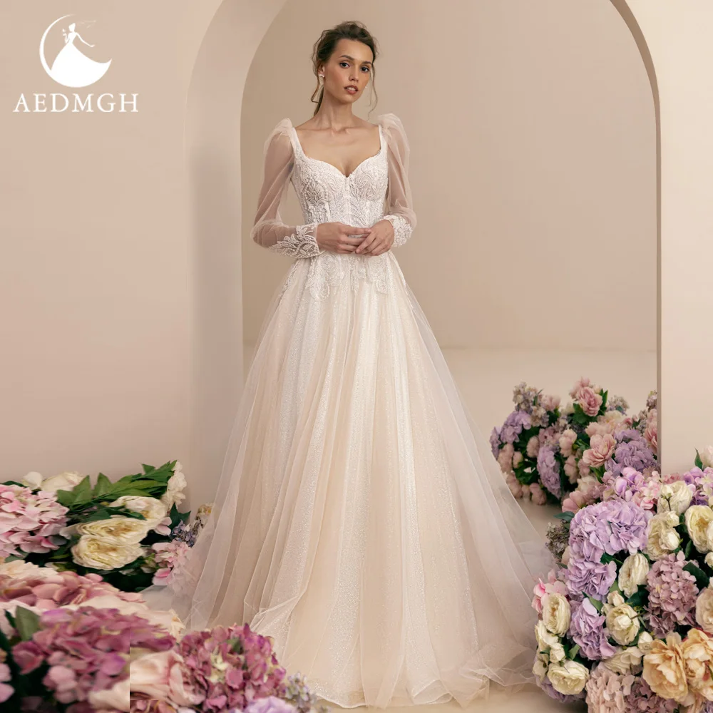 

Aedmgh A-Line Romantic Wedding Dresses 2024 Sweetheart Long Puff Sleeve Vestido De Novia Lace Beaded Elegant Robe De Mariee