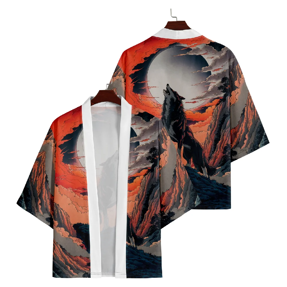 Oversized Wolf Print Fashion Japanese Cosplay Kimono Cardigan Men Shirts Yukata Haori Traditional Asian Clothing Plus Size