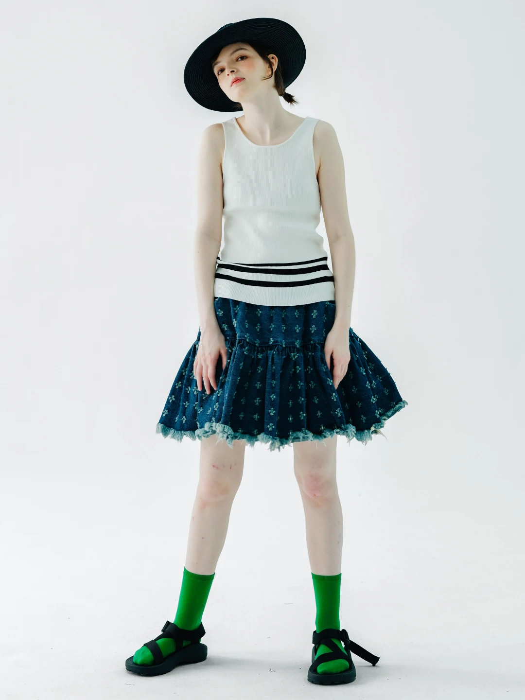 IMAKOKONI original design denim skirt Blue floral pocket elastic waist edge fringe cotton skirt 234126