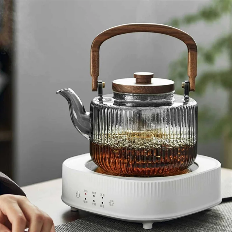 Large Capacity 1300ml Stripe Pattern Glass Teapot Wooden Beam Tea Kettle Brewing Puer Teapot Herbal Health Flower Tea Maker