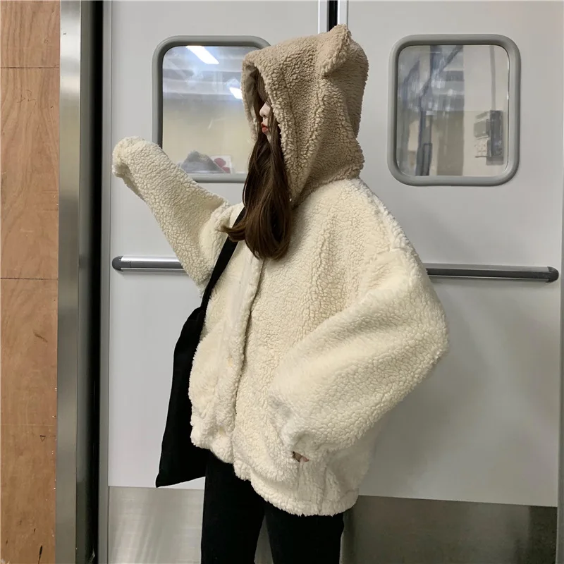Faux Lamb Wool Cute Ears Hooded Cardigan Casual Jacket Women 2024 New Autumn and Winter Loose Long-sleeved Women's Clothing