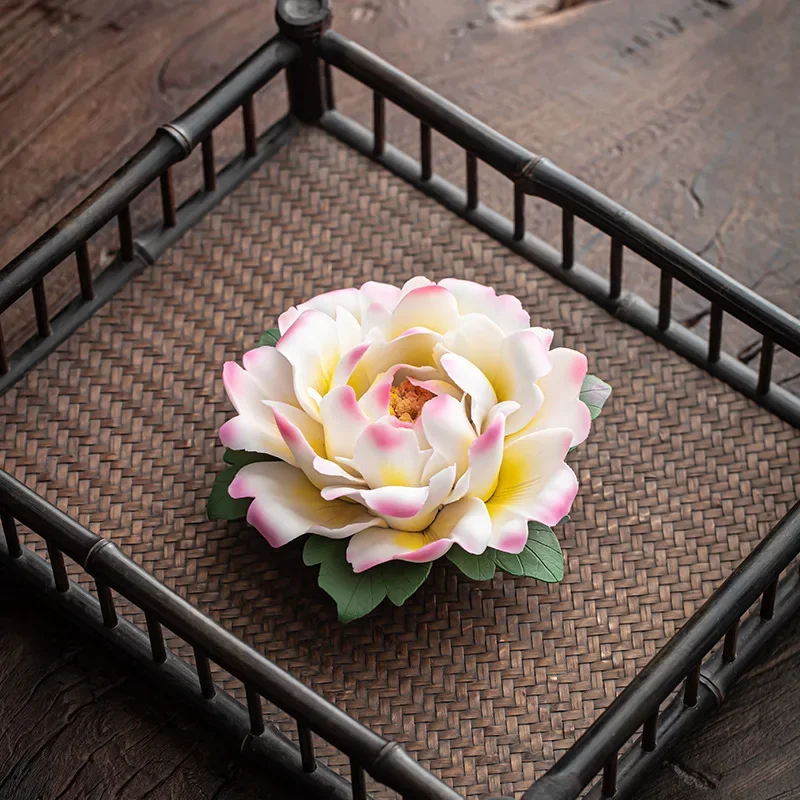 0056 Handmade Ceramic Peony Flower Ornaments Lotus Incense Burner Creative Home Hotel Living Room Tea Table Desktop Decorations