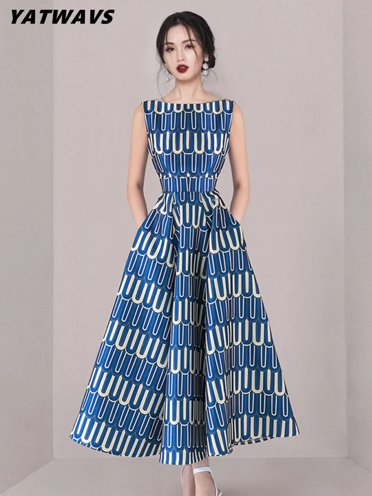 Damen Blaues Midi-Kleid - Wickelstil mit Blumendesign