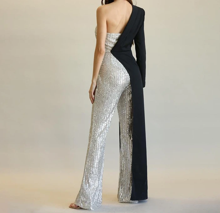 Women's Overall Patchwork Sequin One Shoulder Long Sleeve Jumpsuit 2024 New Women's Clothing Irregular Jumpsuit Bodycon Outfits