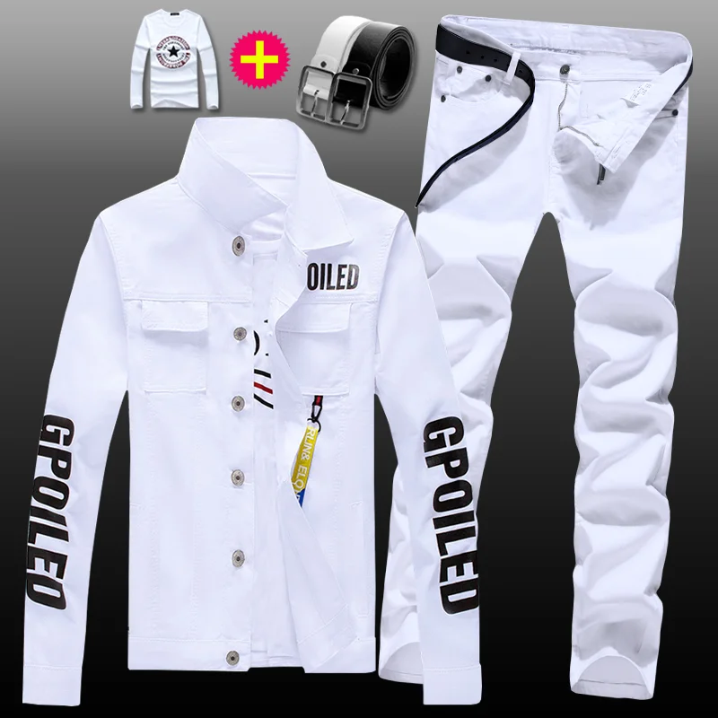 Men Denim Jacket Pants Set New Mens Denim Jacket Jeans Pants Slim Fit 2pcs Set Boys Casual Letters Printed Coat Trousers with Pendant Candy Color